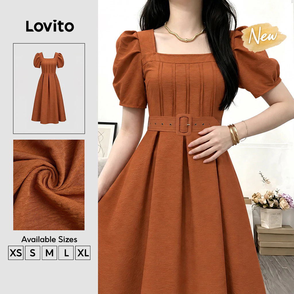 (New Arrival) Lovito Vestido Feminino Laranja Elegante Longo E Plissado De Corte Evasê Para Trabalho Primavera/verão DRK10P1D1126