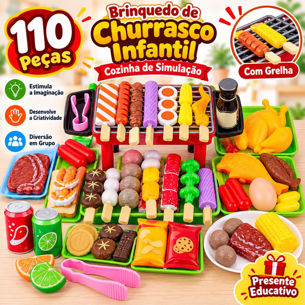 110 Peças Conjunto de Brinquedo de Churrasco Infantil Cozinha de Simulação Educativo com Grelha Presente de Natal