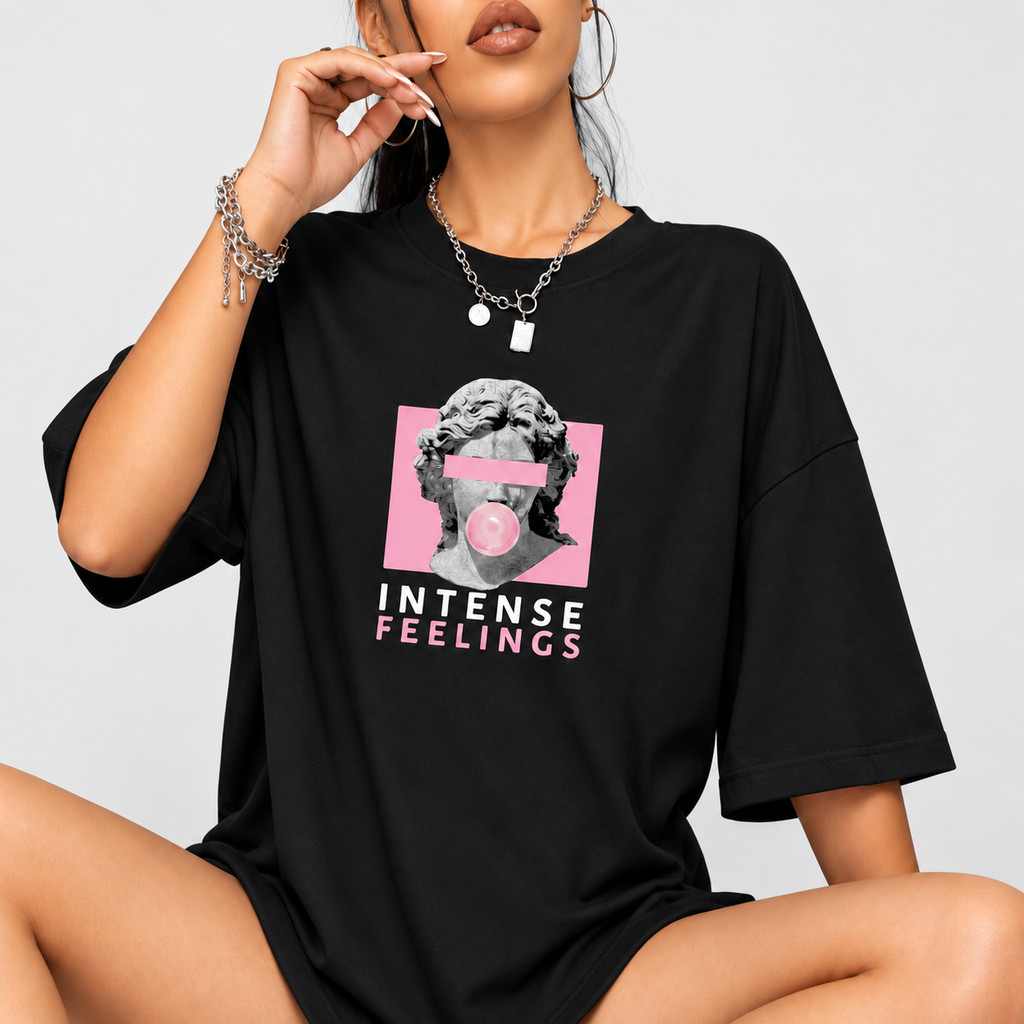 Camisa Camiseta Estampada Intense Oversized Feminina 100% Algodão Premium Ombro Caído Academia Larga Streetwear