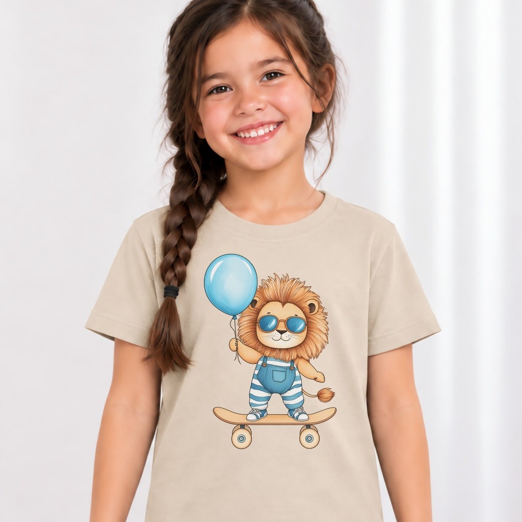 Camiseta Divertida Leão Skatista Balão Infantil Menina Estampada 100% Algodão Fim de Semana Presente Rolê Dia a Dia
