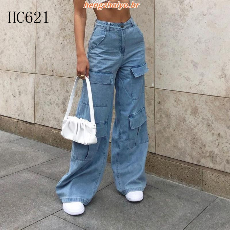 Calças de ganga cargo de cor lisa para mulher, com bolsos grandes e corte folgado, modelo BU697.