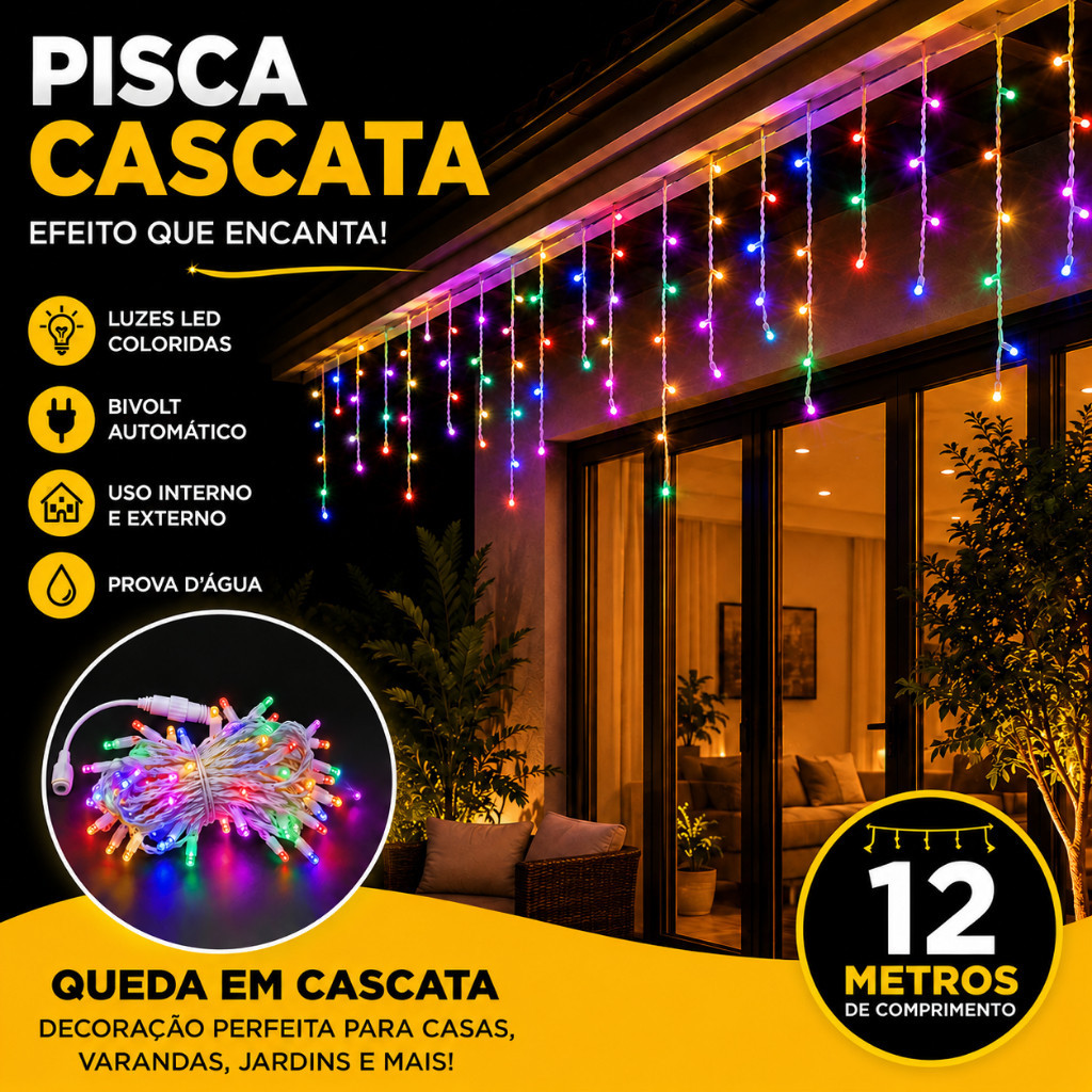 Cascata 12 Metros Pisca Pisca de Natal Luz Quente / Colorida Bivolt Decoração Natalina Festa