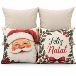 Kit 2 ou 4 Capas de Almofada de Natal 40x40 Suede Estampada Papai Noel Xadrez Decorativa Sofá Sala