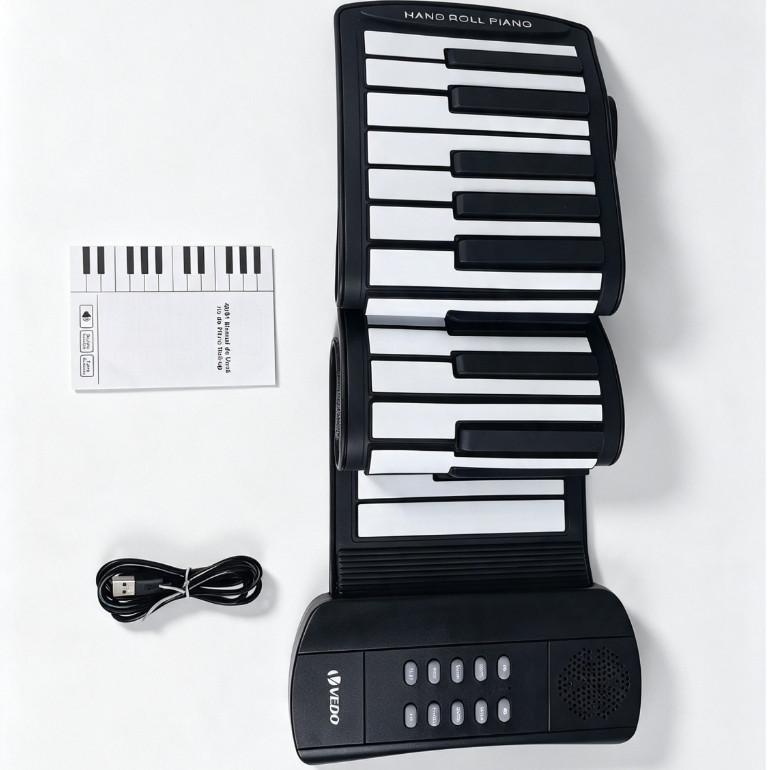 Piano de teclado com 61 teclas, teclado portátil de silicone, ideal para iniciantes, material seguro, entrada para fones