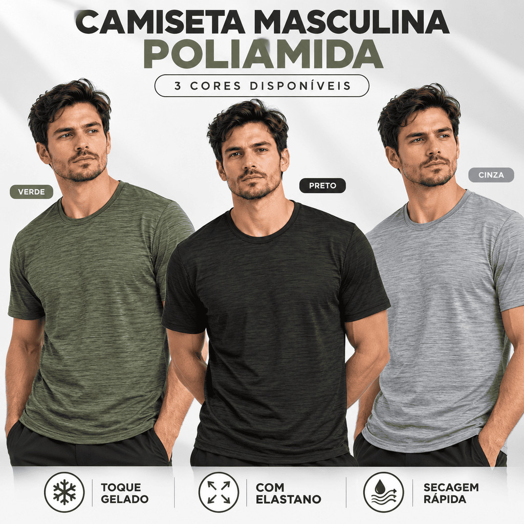 Camiseta Masculina Poliamida Rajada com Elastano Premium Manga Curta Casual Básica Academia Malha Fria Toque Gelado