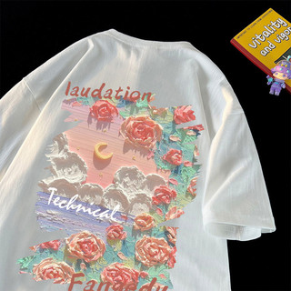 Tridimensional pintura a óleo impressa camiseta de manga curta masculina verão estilo fino Street Wear solto algodão pur