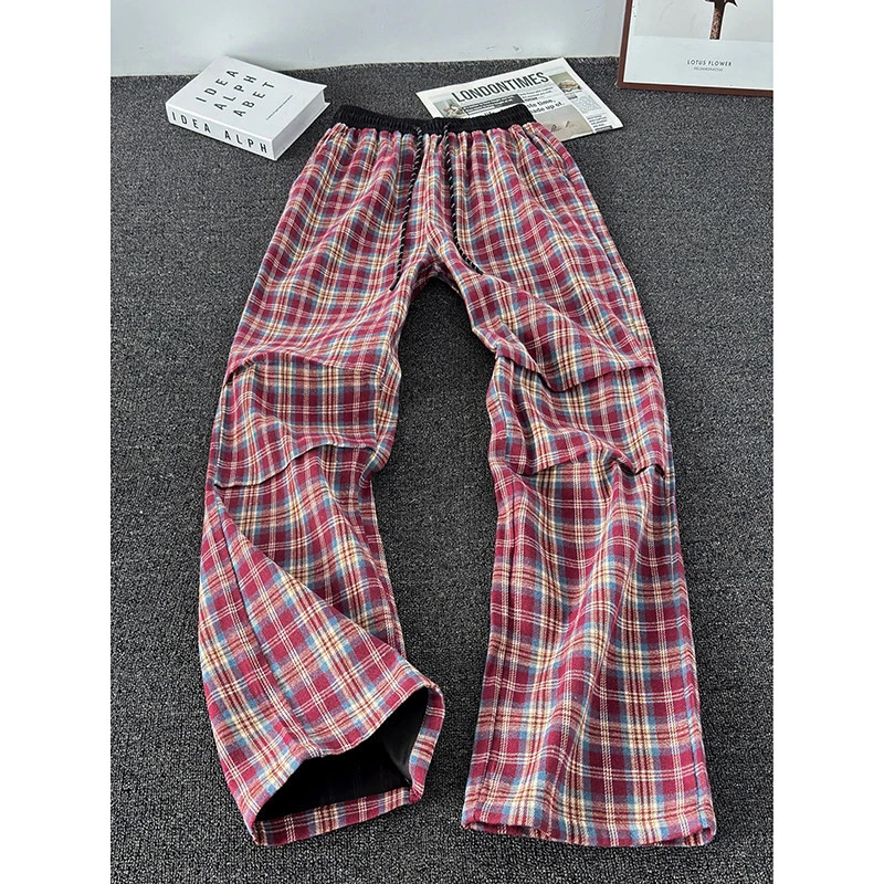 Americano Retro vermelho xadrez calças masculinas angustiado xadrez solto ligeiramente mais magro olhar rua vibe meninos