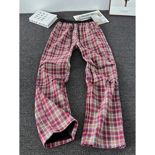 Americano Retro vermelho xadrez calças masculinas angustiado xadrez solto ligeiramente mais magro olhar rua vibe meninos