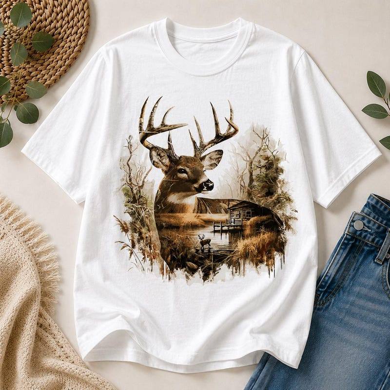 Camiseta Unissex Premium De Algodão Com Estampa Arte Cervo Selvagem Florestal Cor Branca Para Uso Casual Passeio Ao Ar