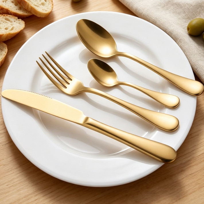 Jogo de Talheres 24 Peças Aço Inox Dourado - 6 Facas, 6 Garfos, 6 Colheres de Mesa e 6 Colheres de Chá
