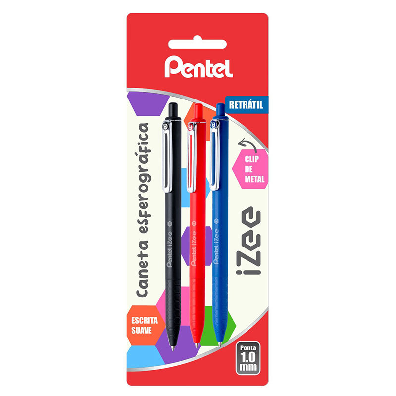 Caneta esferográfica Izee 1.0 AZ/PT/VM com 3 unidades SM/BX470 Pentel