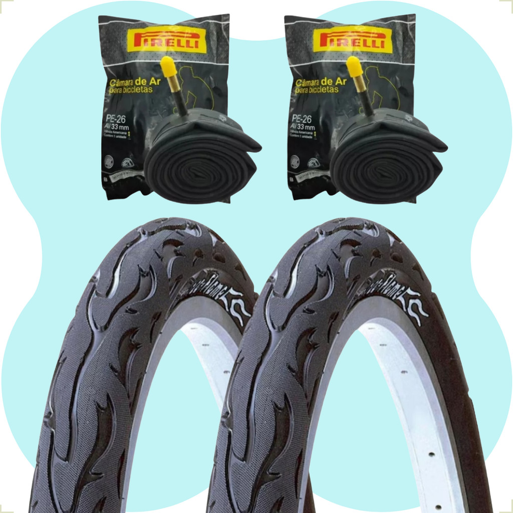 Par Pneu Bicicleta Kenda Flame Aro 26 x 2.125 Balão + 2 camaras de ar Pirelli 26 Montadinha Freeride