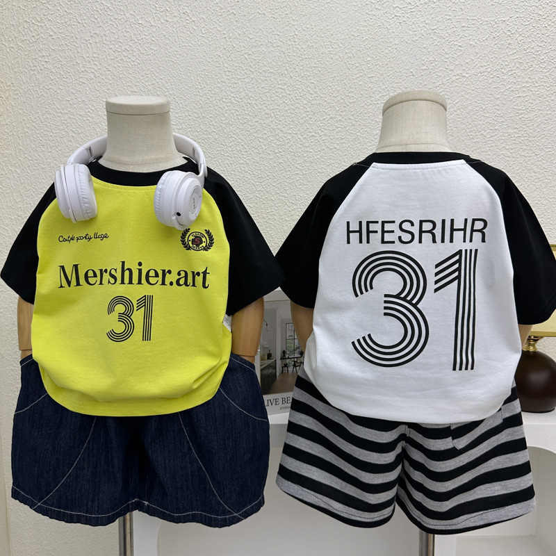 Meninos verão puro algodão de manga curta camiseta 2025 novo estilo crianças versão coreana cor-bloqueio fino topo menin
