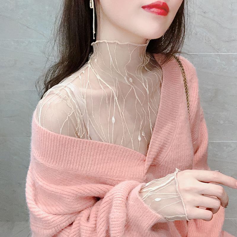Camisa de fundo de renda branca feminina primavera outono manga comprida estilo ocidental camisola fina camisa de tule i
