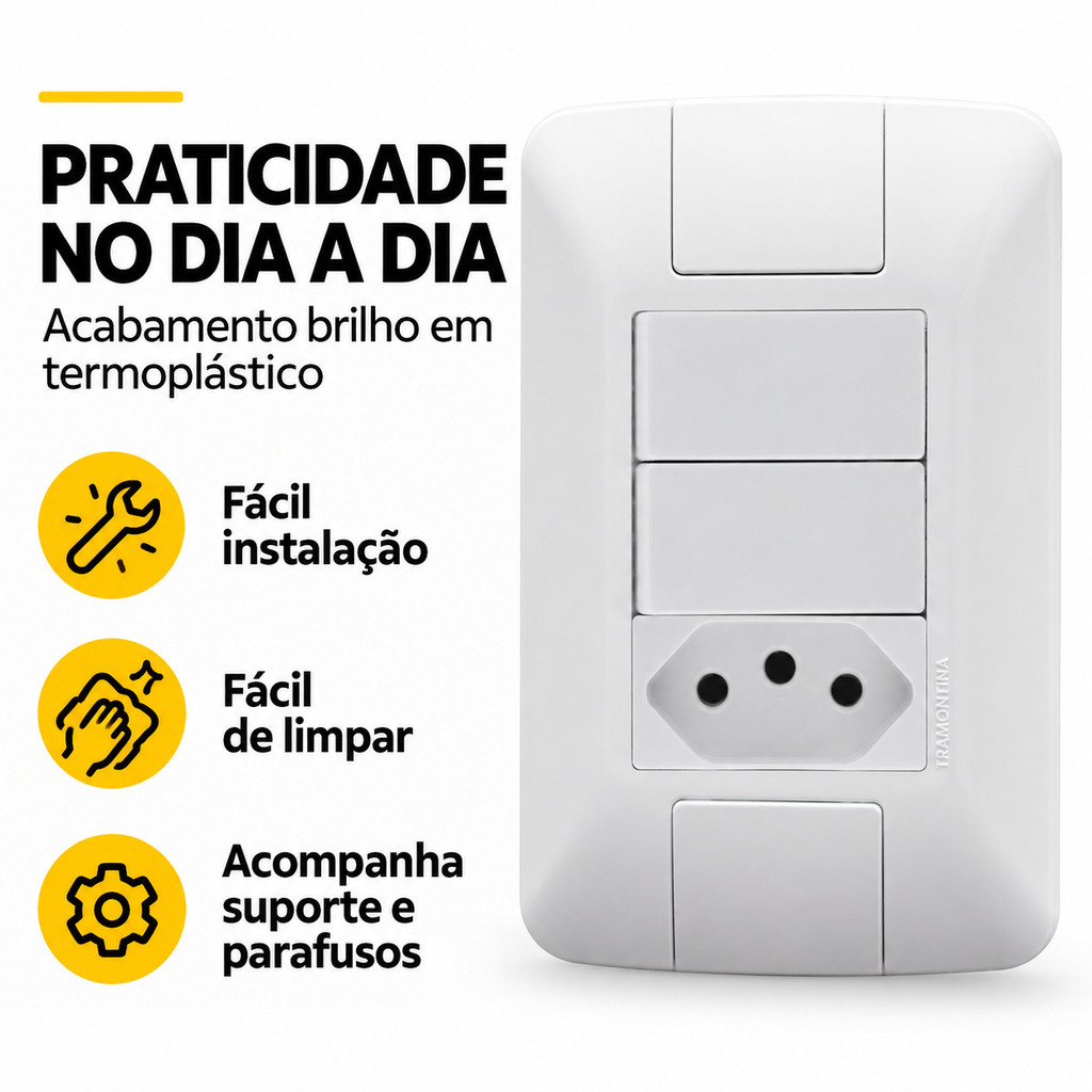 Interruptor Aria 2 Simples + Tomada 10a Com Placa Tramontina Conjunto Completo
