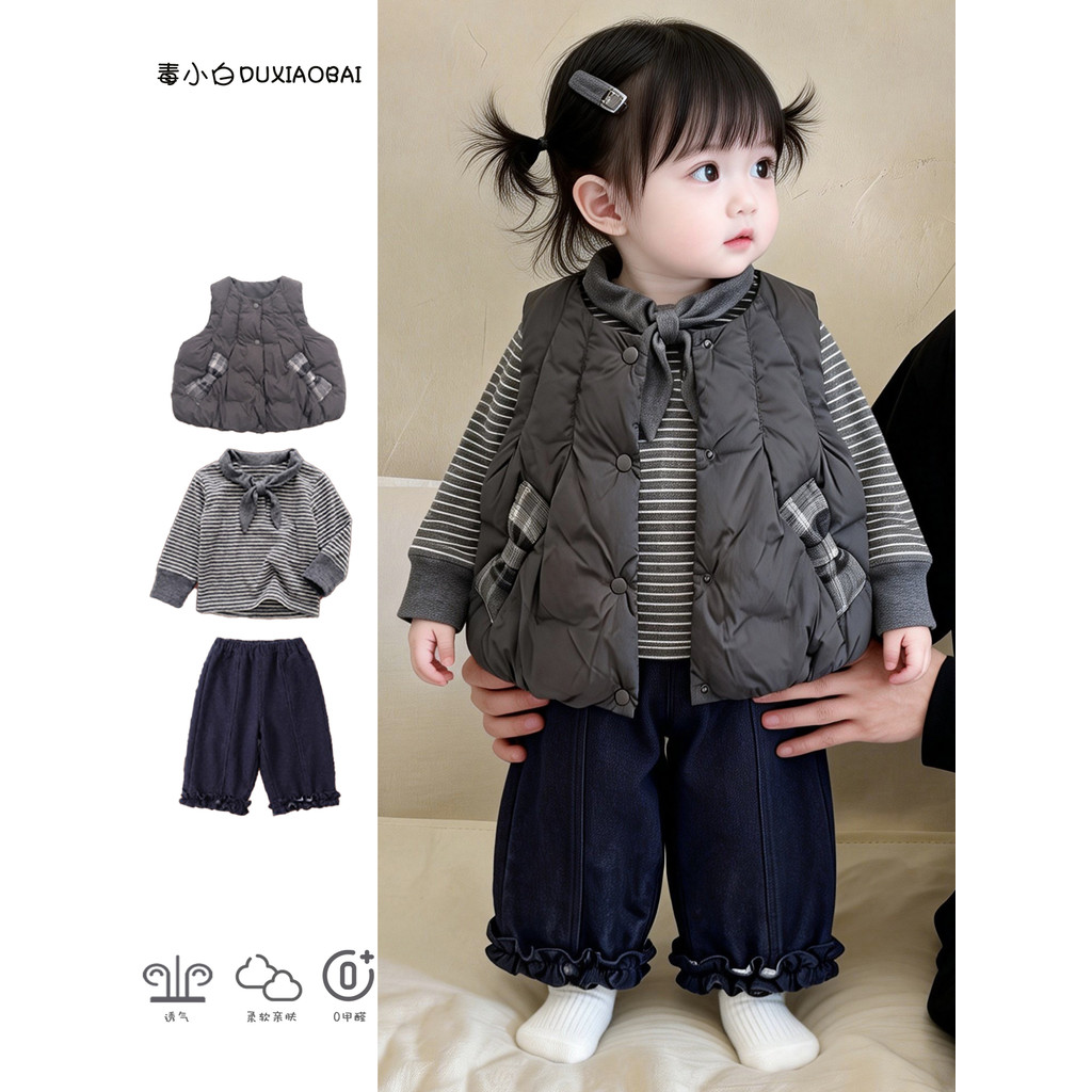 Meninas inverno acolchoado colete conjunto 2026 novo estilo crianças listrado camiseta renda Casual Jeans conjunto de 3 