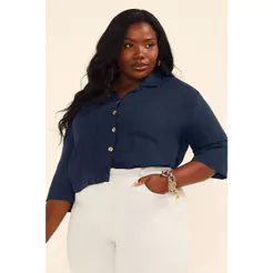 Camisa Feminina Mangas 3/4 Com Bolsos Marialícia Azul