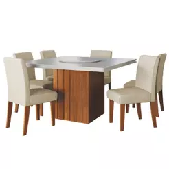 Conjunto Sala de Jantar Amsterdã New Mesa com Tampo Giratório 6 Cadeiras Trieste Madeirado/Bege