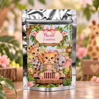 Saquinho Metalizado Personalizado P Safari Menina/ 10x15cm Lembrancinha Festa Aniversário Nome e Idade