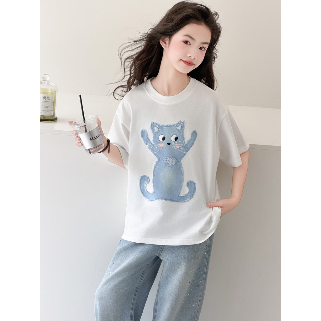 Meninas de manga curta camiseta verão moda meninas coreano dos desenhos animados gato topos crianças verão All-Match Cas