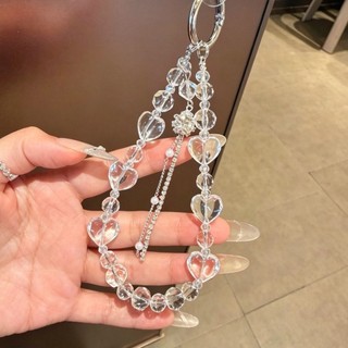 Corrente de celular com pingente de coração de cristal, acessório delicado estilo Instagram, corrente de contas, alça pa