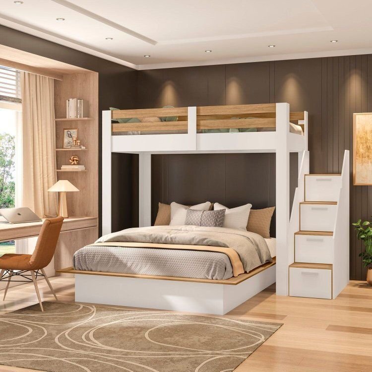 Beliche Family Adulto com Cama Casal Star Plus Casatema MadeiraOriginals Branco/Amadeirado Montana