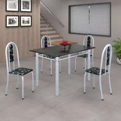 Conjunto de Mesa 120x75cm Tampo em Ardósia com 4 Cadeiras Iris a Branco/Preto Floral/Martelado Pérola/Indiano Preto