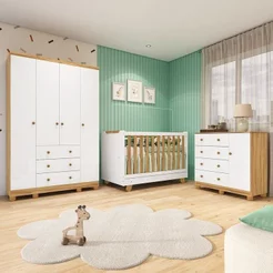 Quarto de Bebê Completo Berço 4 em 1 Guarda Roupa e Cômoda 100% MDF Mike Yescasa Branco Amêndoa Branco