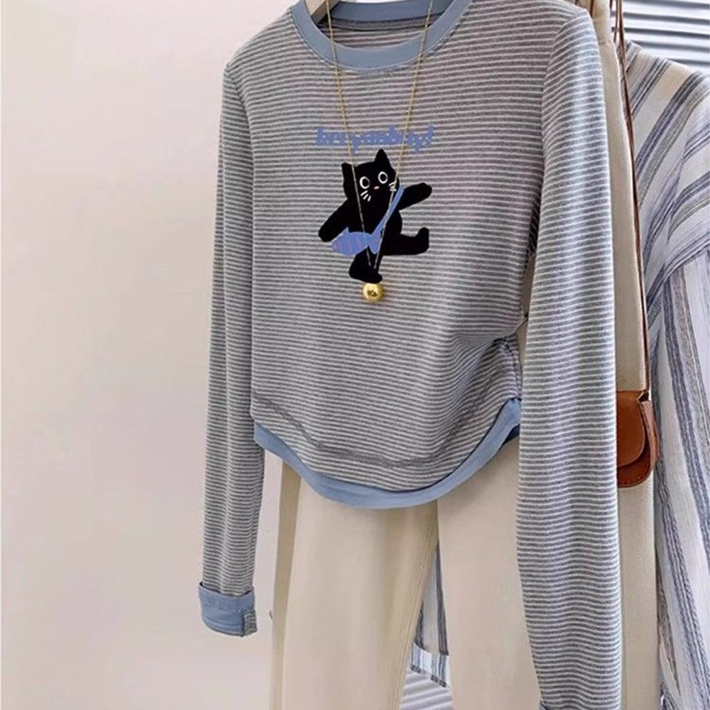 Meninas falso de duas peças listrado manga comprida topos All-Match primavera novo estilo crianças estilo ocidental cami