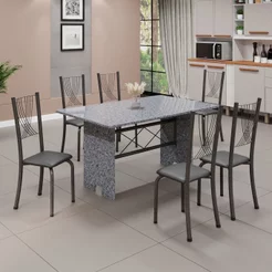Conjunto de Mesa Tampo de Granito Ocre com 6 Cadeiras Lorena Yescasa Cinza/Preto Liso/Mart Prata Preto Liso/Mart Prata