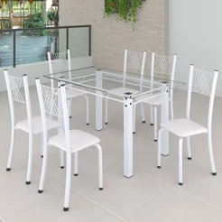 Conjunto de Jantar Mesa 140x75cm Tampo de Vidro Incolor com 6 Cadeiras Sara Yescasa Branco/Liso Branco/Branco