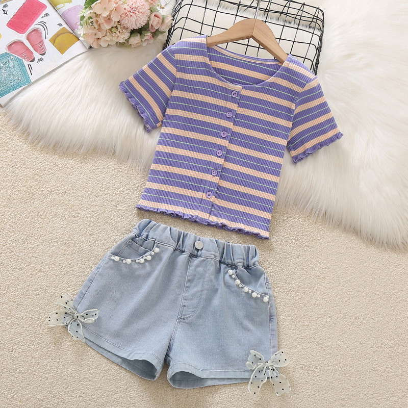 Meninas terno verão 2026 novo estilo crianças estilo ocidental listrado de manga curta camiseta Denim Shorts moda terno 