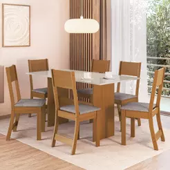 Conjunto Sala de Jantar Mesa Tampo de Madeira Fidelitá Siena Com 6 Cadeiras Freijó/Off-White/Linho