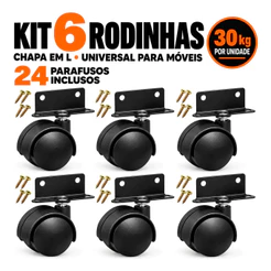 Kit 6 Rodinha 42mm Chapa Em L Universal Para Berço Móveis Preta Preto
