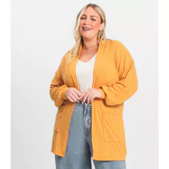 Cardigan Feminino Pluz Size Infinita Cor Amarelo