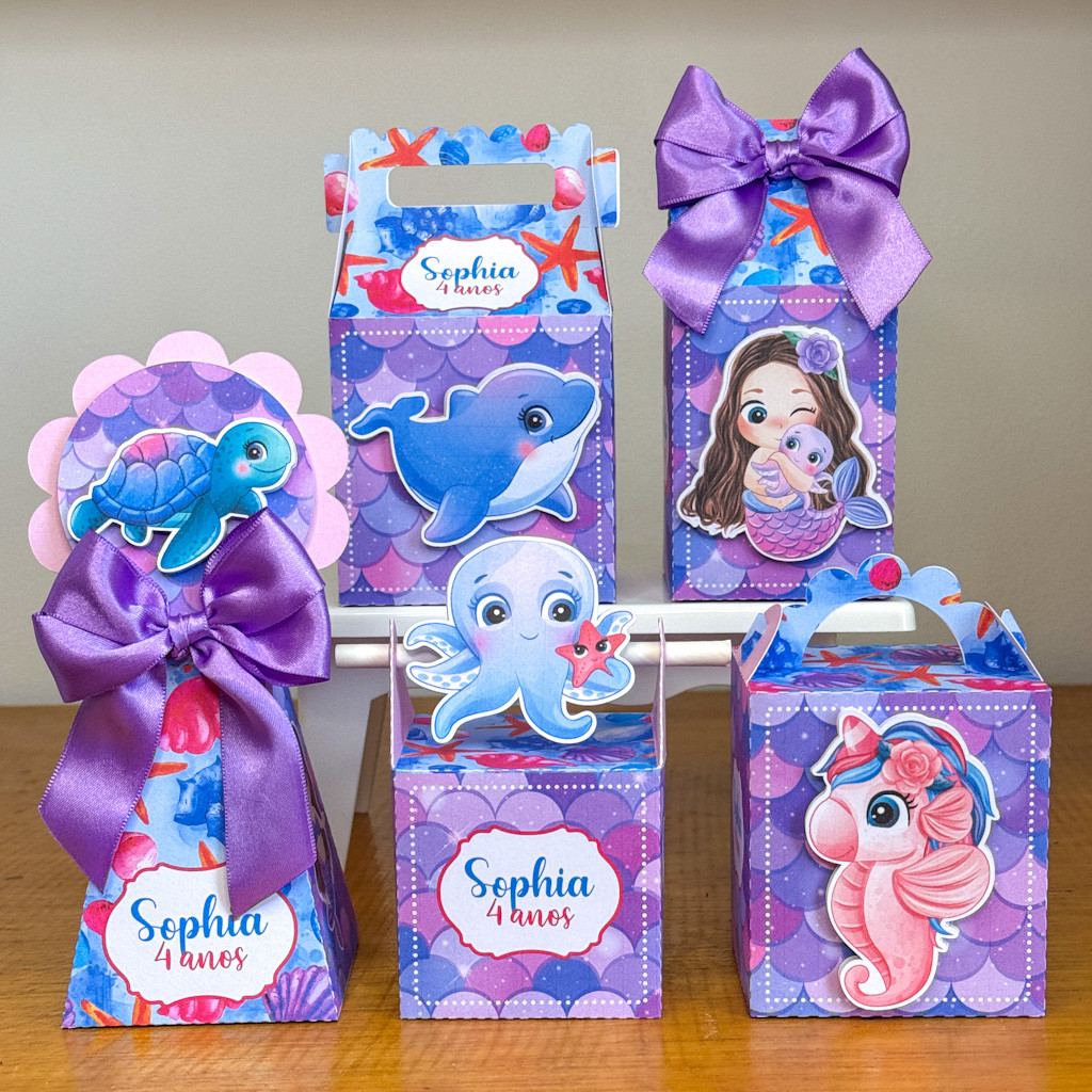 Kit Festa Sereias Personalizados | Lembrancinha Festa Caixa Milk Pirâmide Decoração