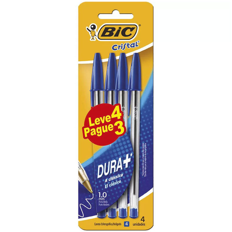 Caneta esferográfica Cristal 1.0 Azul com 4 unidades Bic em Oferta na Shopee