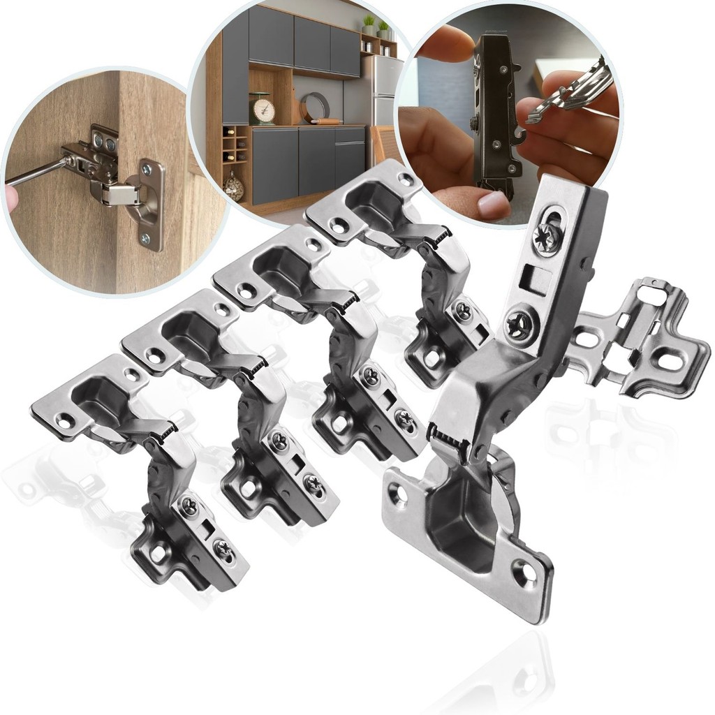 Kit 5 Dobradiça Super Curva Embutir 35mm Click Amortecedor Portas Móveis Armário Caneco Resistente Mola Calço Soft Close