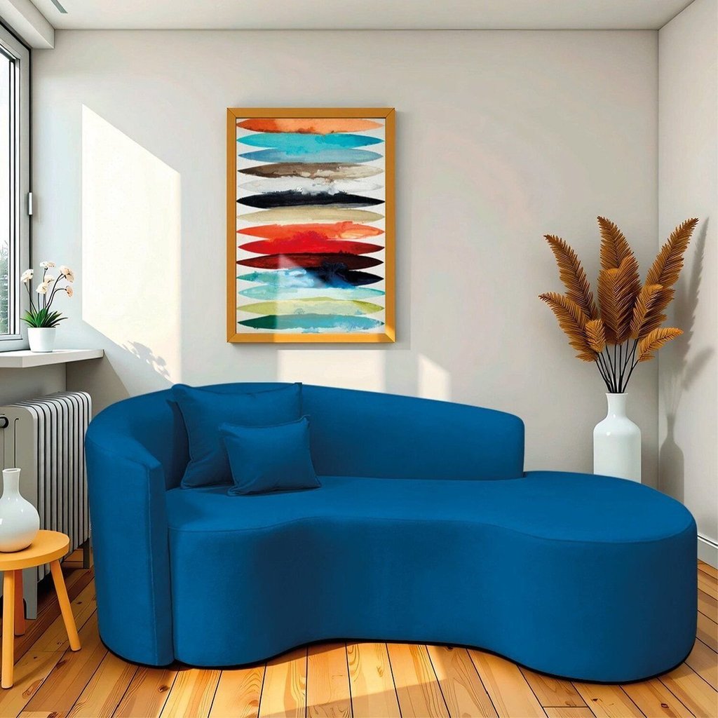 Recamier Curvo Orgânico 200cm 3 Lugares Lado Direito para Sala de Estar Linho Londres Azul Royal Azul Royal