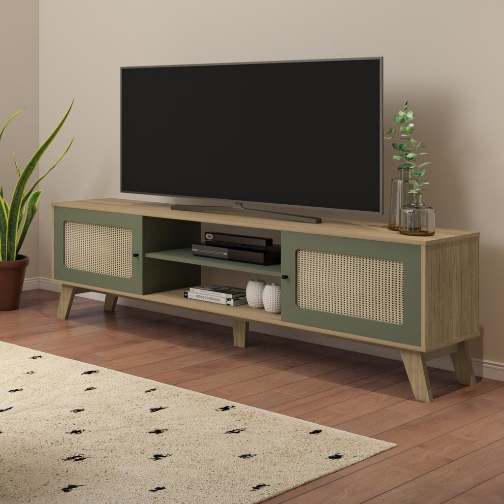 Rack para TV até 75 Polegadas 2 Portas com Pés Retro Charlotte Carvalho/Menta em Oferta na Shopee