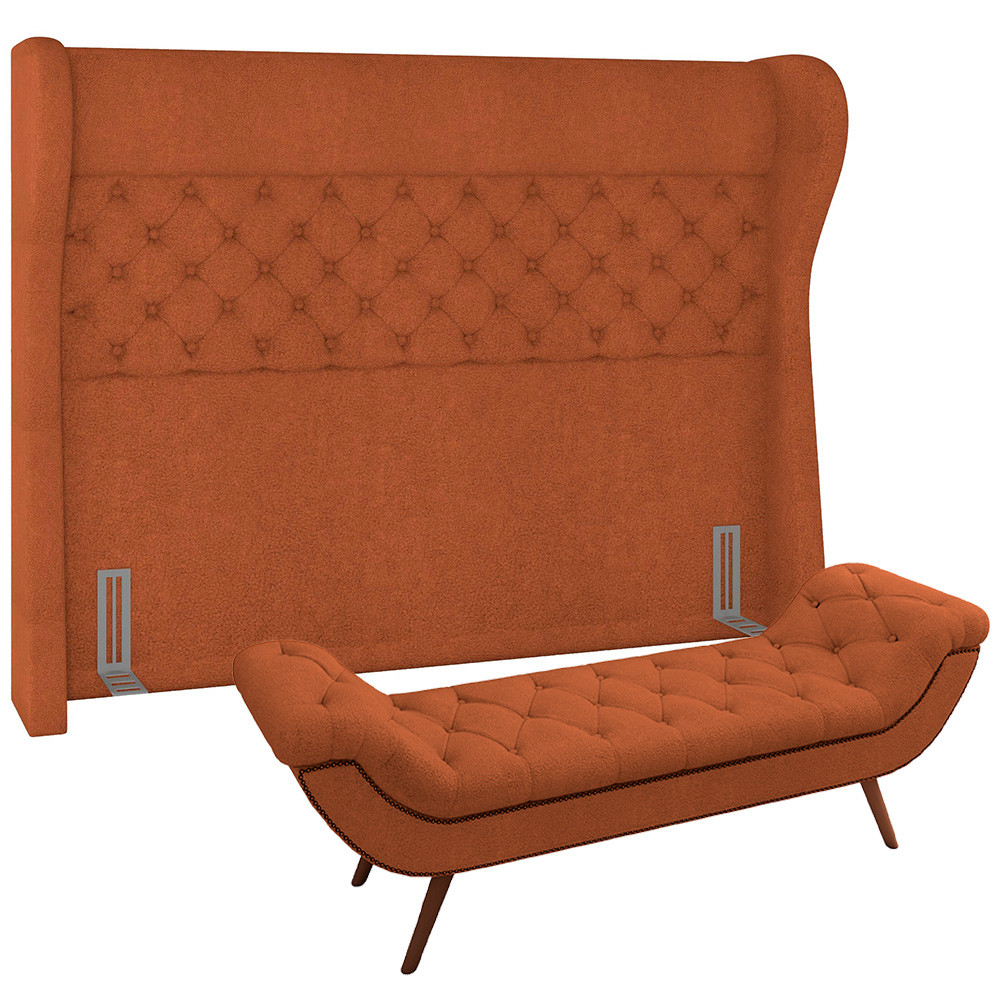 Kit Cabeceira Cama Box Casal 140 cm Madrid com Puff Recamier Santorini P05 Bouclê Terracota - Lyam Decor