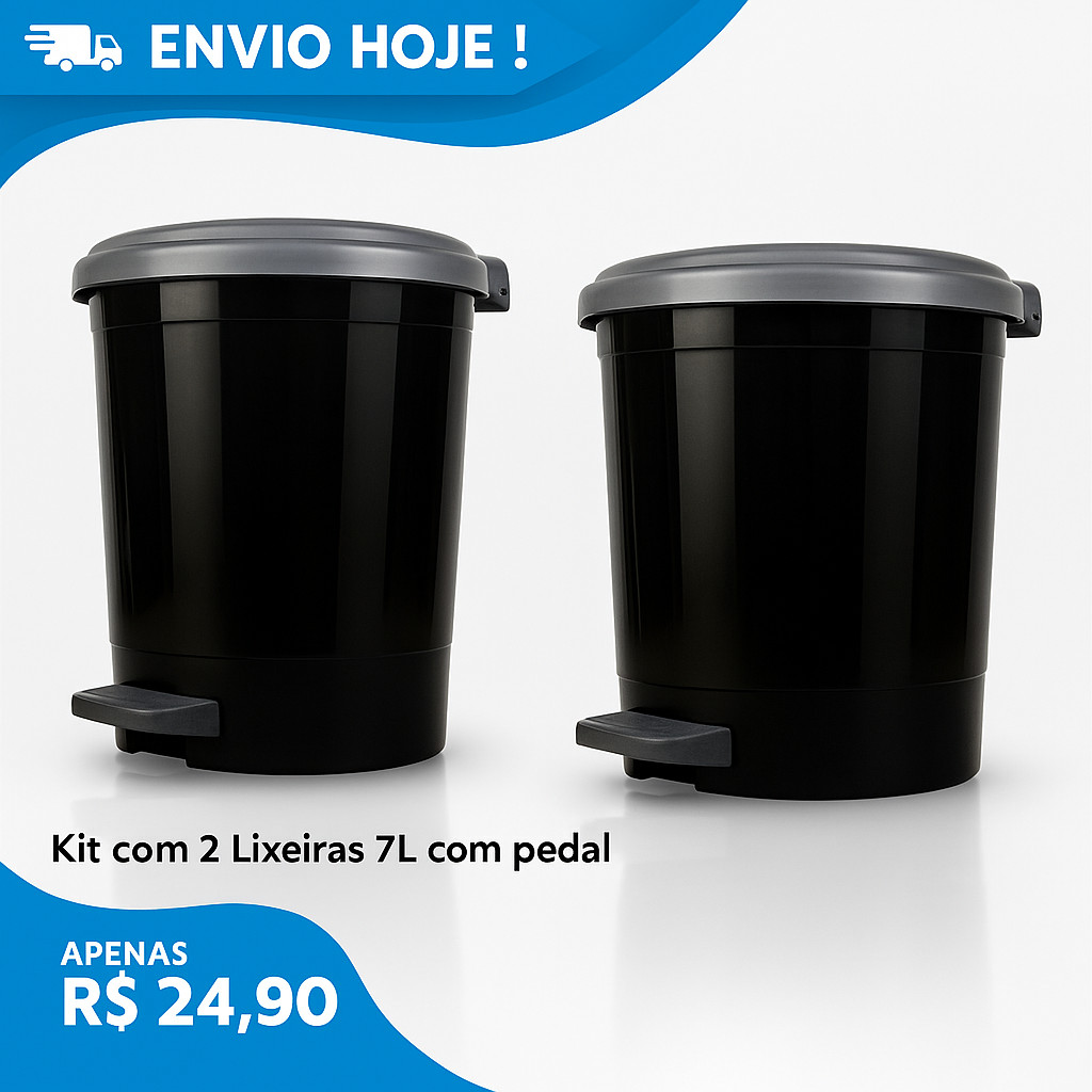 Kit 2 Lixeiras 7L Pedal Plástico Resistente para Cozinha, Banheiro e Lavanderia | Cor Preta