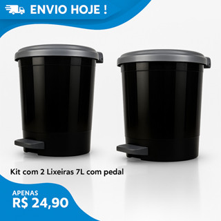 Kit 2 Lixeiras 7L Pedal Plástico Resistente para Cozinha, Banheiro e Lavanderia | Cor Preta em Oferta na Shopee