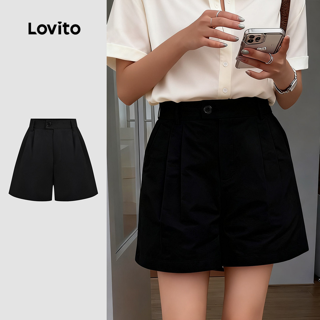 Lovito Shorts Casuais Simples com Pregas com Bolso Primavera/verão Shorts Pretos LBL29328 em Oferta na Shopee