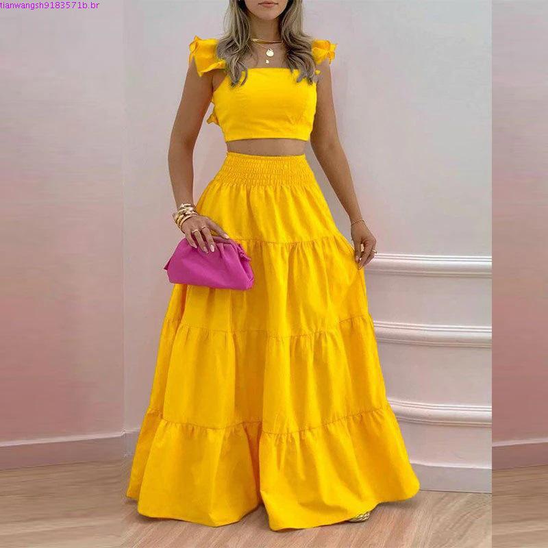 Conjunto feminino Sem Mangas Ruffled Cropped Boho Floral Estampa Color lisa Elastic Cintura Saia Longa Moda Duas Peças