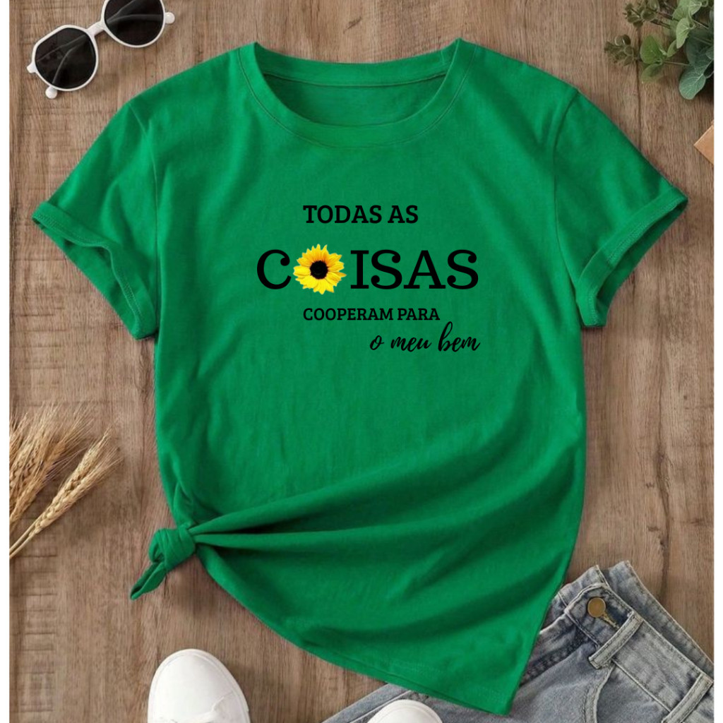 Camiseta T-Shirt Feminina Básica e Estilosa Inspiradora e Confortável Estampada Cristã Feminina Frase Bíblica e Girassol