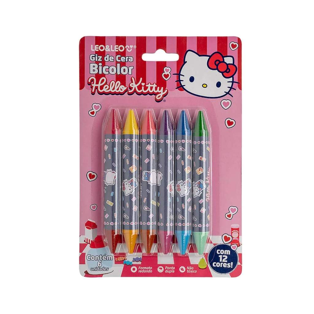 Giz de Cera Big Bicolor Hello Kitty - Blister C/ 6 Unidades e 12 Cores Leo&Leo Leonora - 10590 em Oferta na Shopee