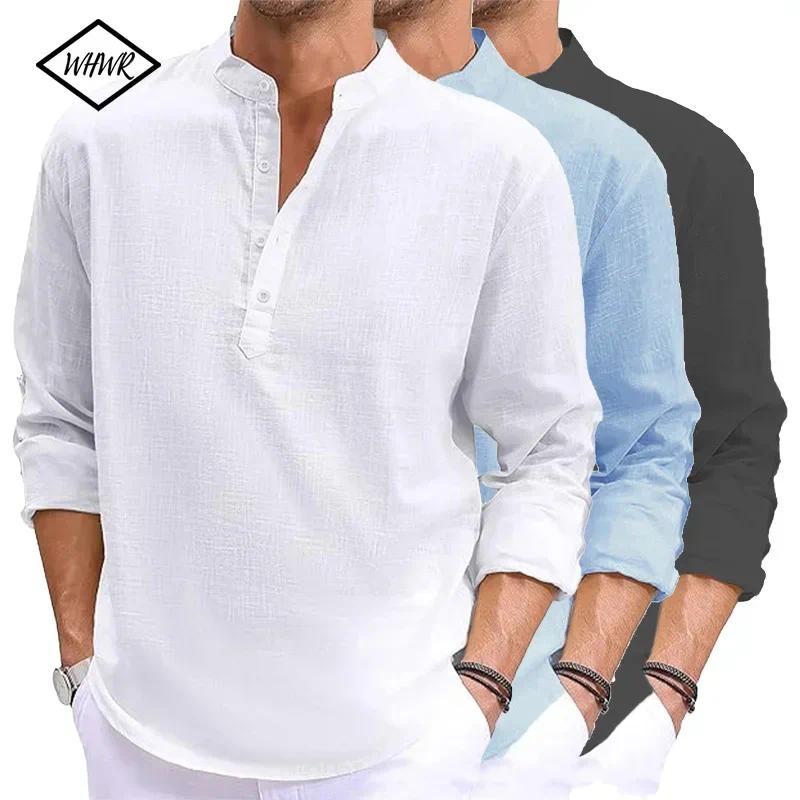 Novo Linho Masculino Manga Longa Camiseta De Algodão Camisas Masculinas Designer Leve Streetwear Cor Sólida Solta Casual