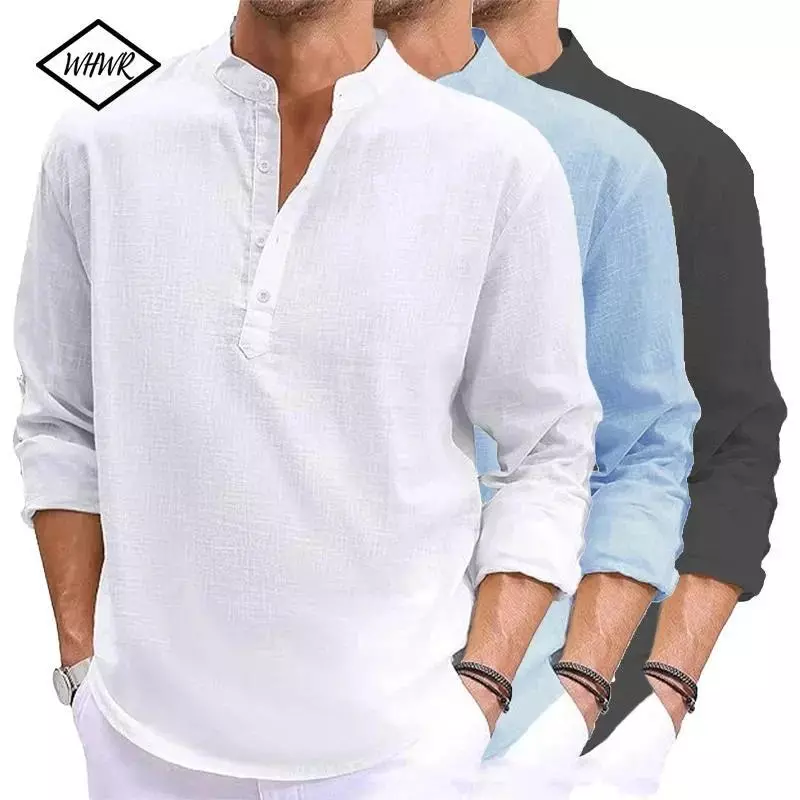 Novo Linho Masculino Manga Longa Camiseta De Algodão Camisas Masculinas Designer Leve Streetwear Cor Sólida Solta Casual — imagem 1