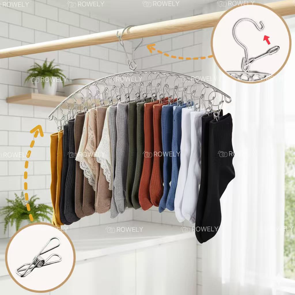 Cabide de Aço Inoxidável com 20 Clipes para Roupas Íntimas Lingerie e Meias Secagem Eficiente
